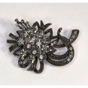 Flower Cluster Ribbon Swirls Smokey Rhinestones